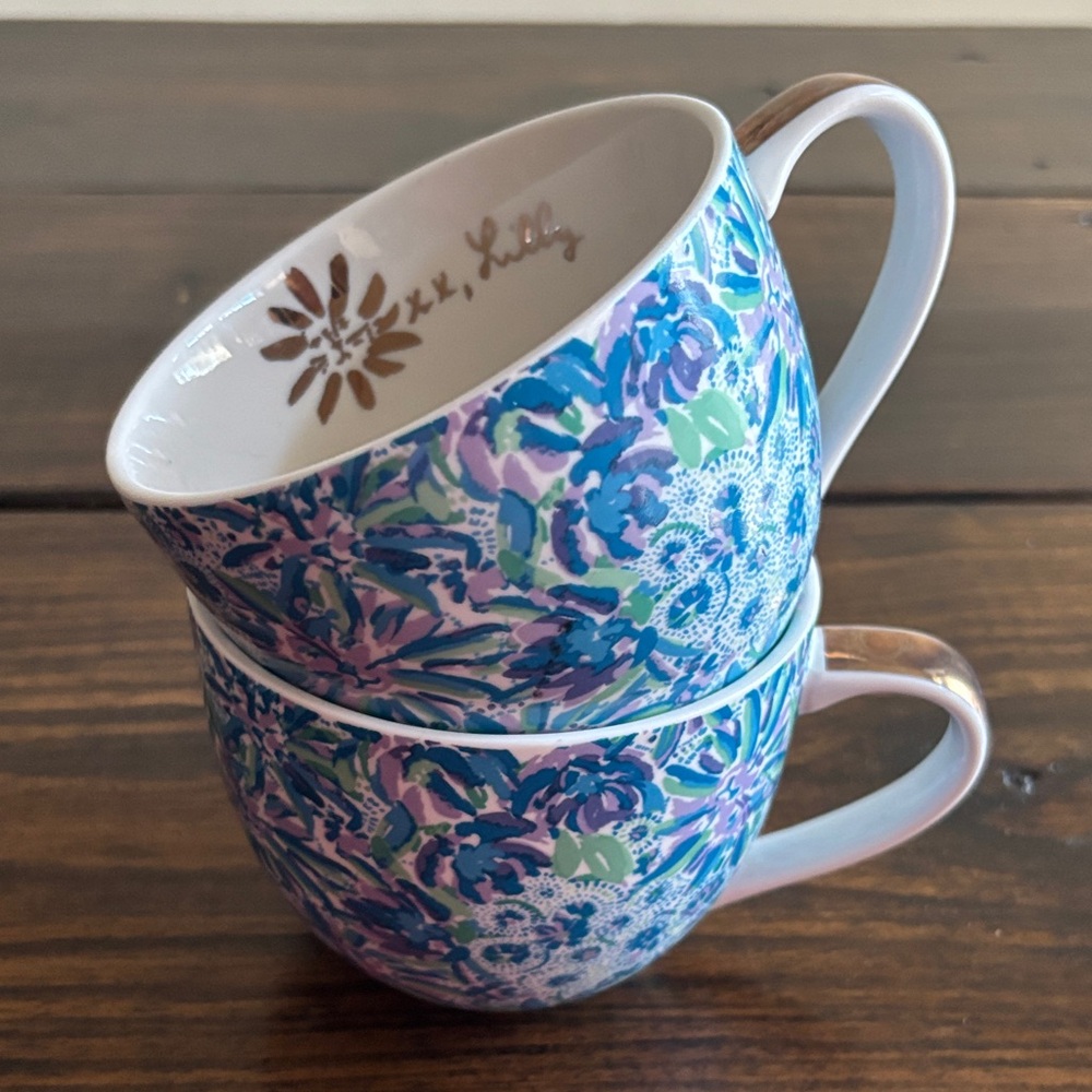 "Lilly Pulitzer"‎ Coffee Mugs Blue Green Floral with Gold Trim 12 oz Set of 2